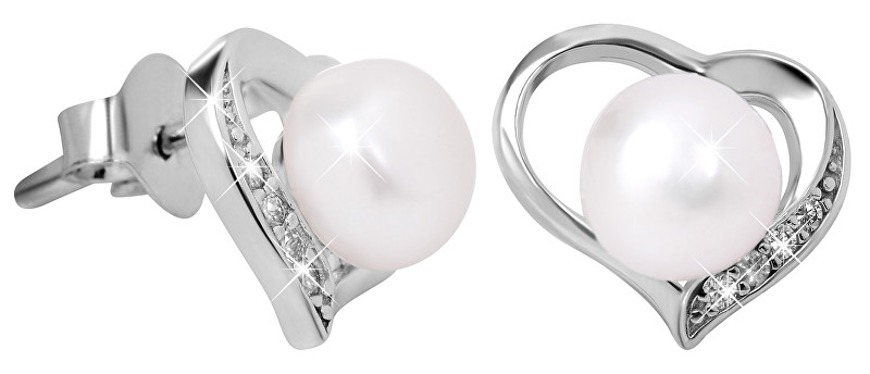 JwL Luxury Pearls Náušnice Srdce s pravou perlou a zirkónmi JL0407