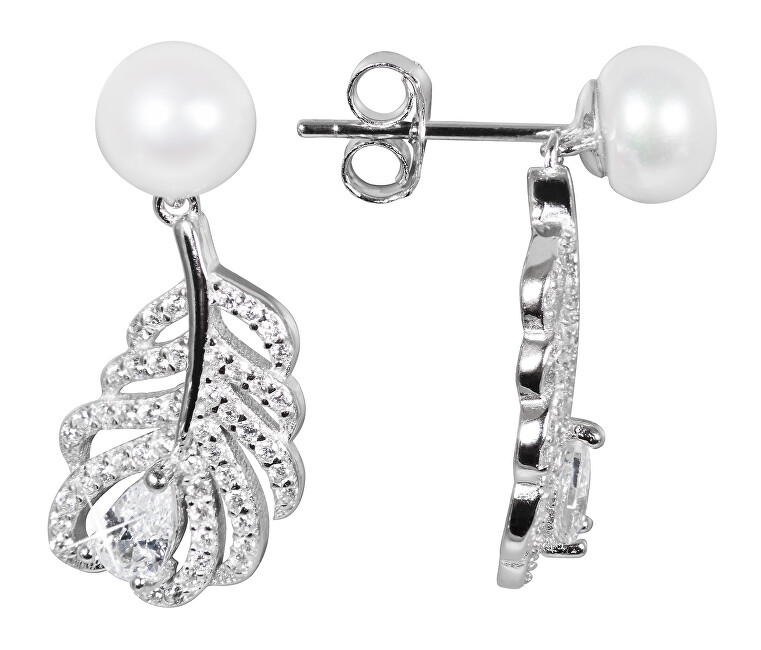 JwL Luxury Pearls Perlové náušnice pierka s bielou pravou perlou a zirkónmi JL0536