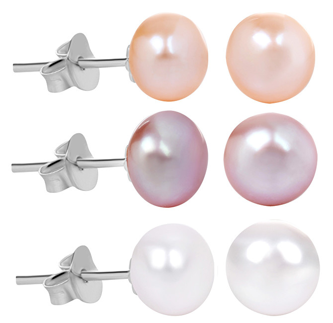 JwL Luxury Pearls Zvýhodnená sada 3 párov perlových náušníc - biele, lososové, fialové JL0426
